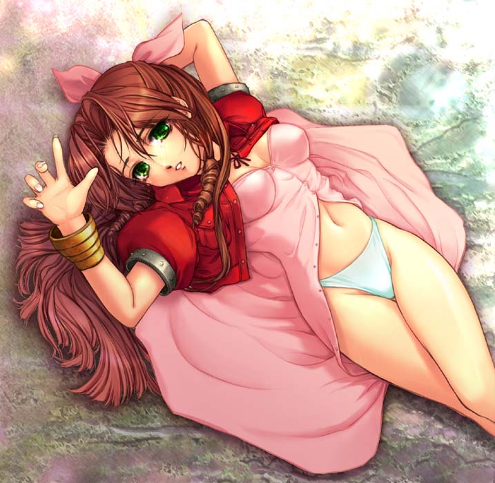 aerith gainsborough, final fantasy, final fantasy vii, 1990s (style), 1girl, bow, clothes lift, cropped jacket, dress, dress lift, female focus, jacket, panties, pink bow, pink dress, retro artstyle, skirt, skirt lift, solo, underwear