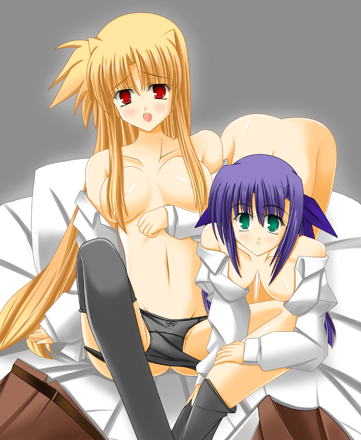 tukuyo kiriyuki, fate testarossa, ginga nakajima, lyrical nanoha, mahou shoujo lyrical nanoha, mahou shoujo lyrical nanoha strikers, 00s, 2girls, blonde hair, blush, breasts, green hair, long hair, medium breasts, multiple girls, open clothes, open shirt, panties, purple hair, red eyes, shirt, thighhighs, underwear, undressing