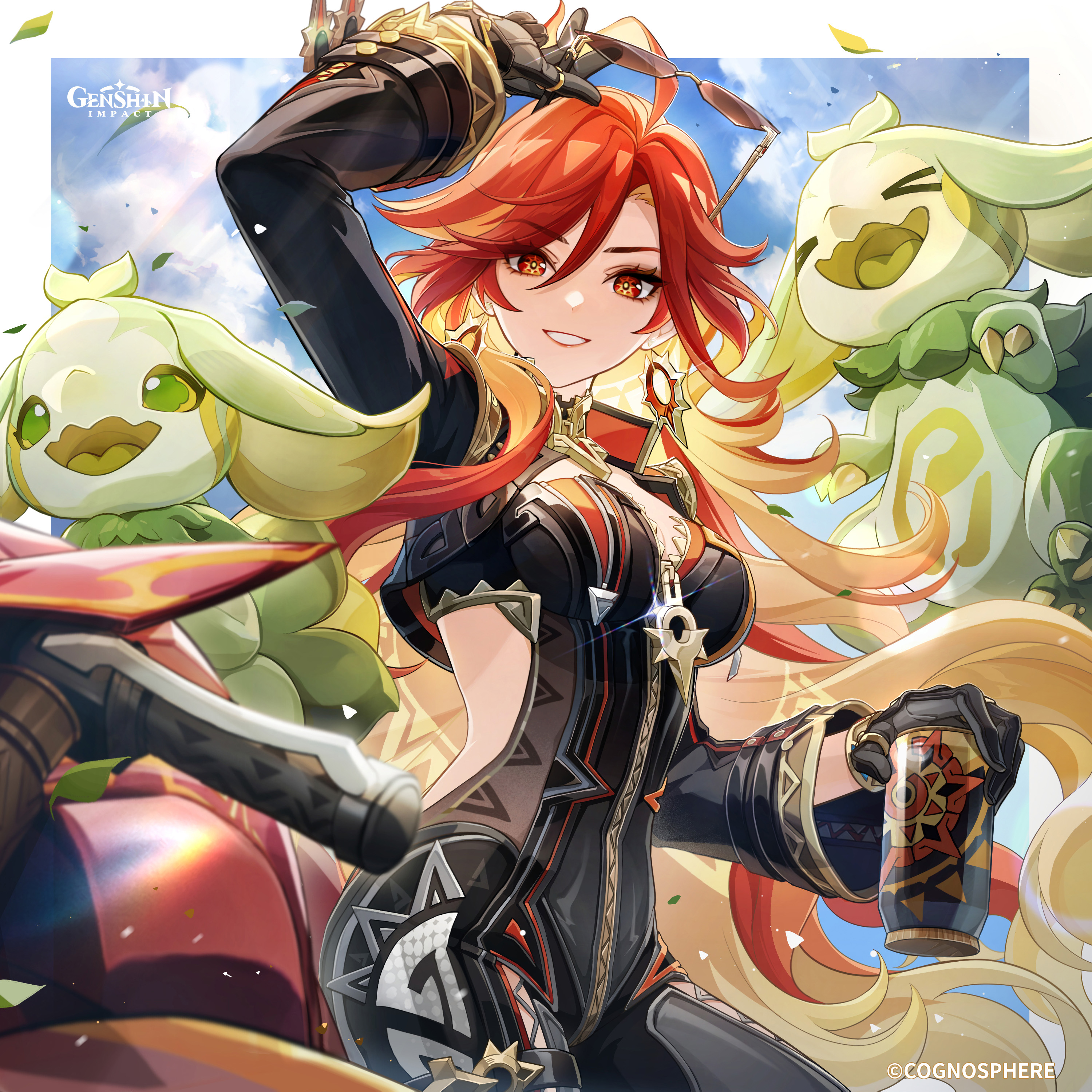 mavuika (genshin impact), yumkasaurus (genshin impact), genshin impact, absurdres, commentary, english commentary, highres, official art, 1girl, :d, ahoge, arm up, black bodysuit, black gloves, bodysuit, border, breasts, can, clothing cutout, earrings, gloves, grin, holding, holding can, jewelry, long hair, long sleeves, looking at viewer, medium breasts, open mouth, orange eyes, outside border, red hair, side cutout, smile, sunglasses, very long hair, white border
