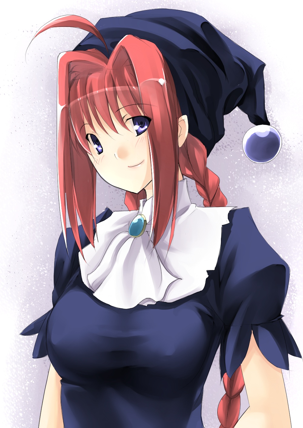nakamura kusata, dorothy (marchen awakens romance), marchen awakens romance, highres, 1girl, ahoge, blush, braid, breasts, covered erect nipples, female focus, hat, large breasts, long hair, pink hair, purple eyes, smile, solo, twin braids, witch
