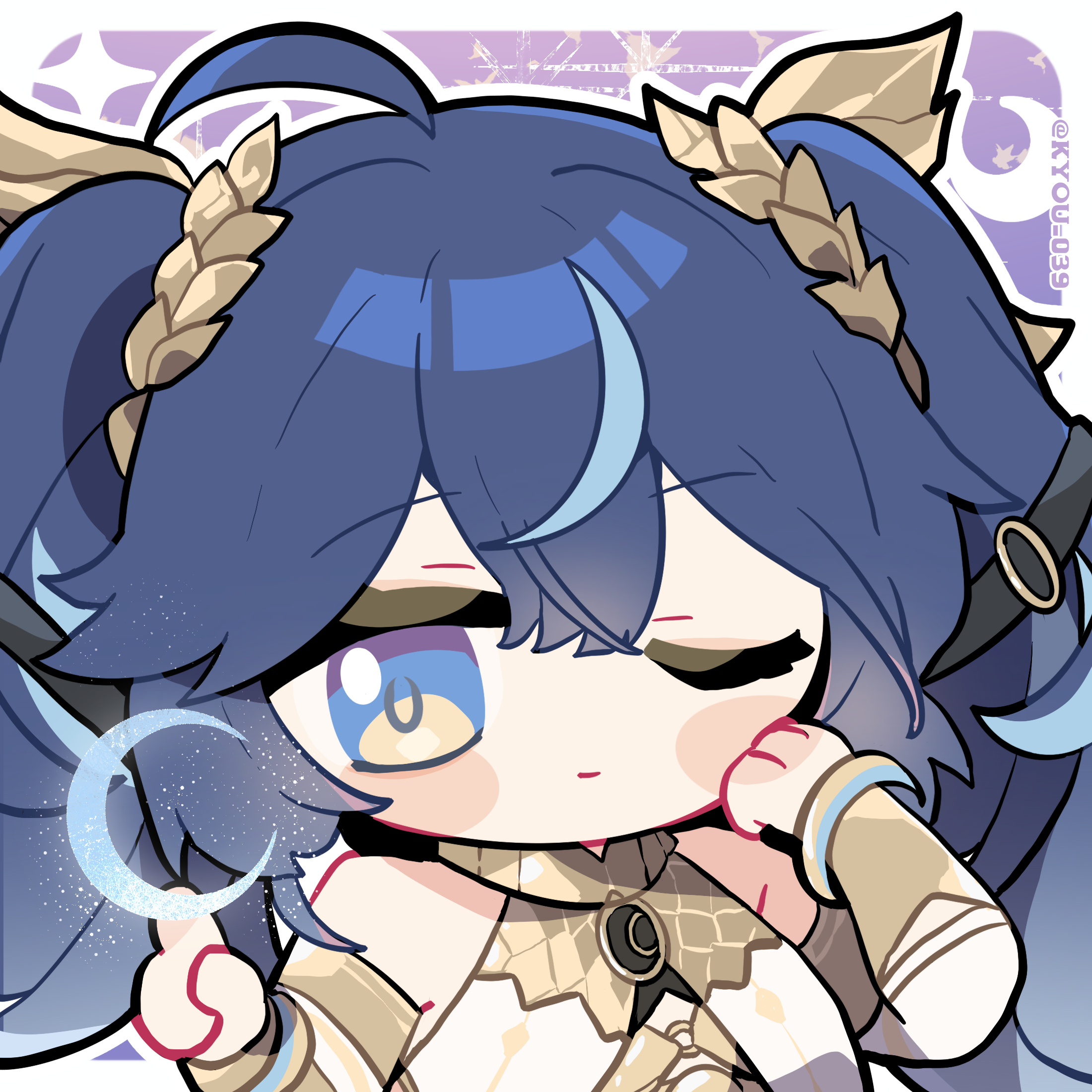 kyou 039, iuno (wuthering waves), wuthering waves, chinese commentary, commentary request, highres, 1girl, ahoge, armlet, bare shoulders, blue eyes, blue hair, chibi, chibi only, closed mouth, crescent, gold bra, hair belt, hand up, head wreath, jewelry, long hair, multicolored hair, one eye closed, portrait, solo, streaked hair, twitter username