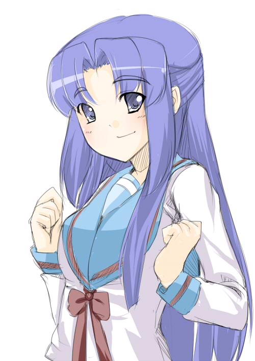 nakamura kusata, asakura ryoko, suzumiya haruhi no yuuutsu, 00s, 1girl, blue hair, bow, bowtie, collarbone, dress, female focus, half updo, long hair, long sleeves, looking at viewer, purple eyes, red bow, red bowtie, sailor dress, school uniform, serafuku, shirt, simple background, solo, very long hair, white background, white shirt