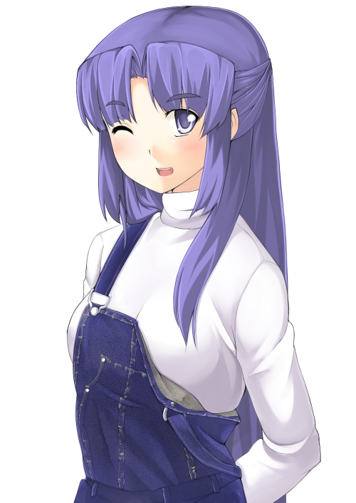 nakamura kusata, asakura ryoko, suzumiya haruhi no yuuutsu, 00s, 1girl, blue hair, blush, female focus, half updo, long hair, one eye closed, overalls, solo, wink