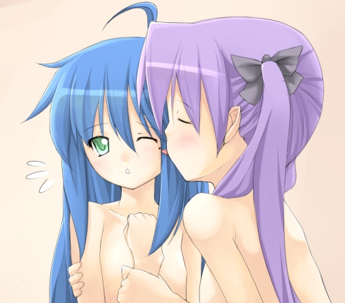 nakamura kusata, hiiragi kagami, izumi konata, lucky star, lowres, 00s, 2girls, blush, licking, loli, mole, mole under eye, multiple girls, nude, yuri