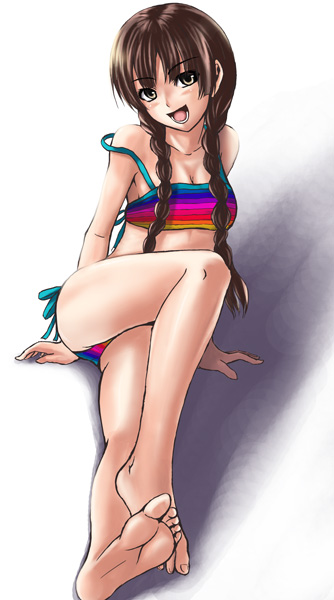 chiko (kanhogo), shimazu yoshino, maria-sama ga miteru, 00s, 1girl, barefoot, bikini, feet, female focus, legs, side-tie bikini bottom, solo, striped bikini, striped clothes, swimsuit