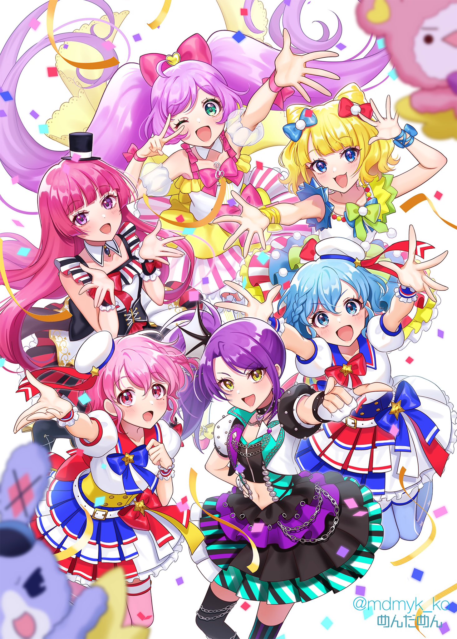 mendamen, dorothy west, hojo sophy, kuma (pripara), manaka laala, minami mirei, reona west, toudou shion, usagi (pripara), pretty series, pripara, commentary request, highres, 1boy, 5girls, :d, ahoge, arm up, black skirt, black thighhighs, blonde hair, blue bow, blue eyes, blue hair, blunt bangs, bow, braid, brother and sister, cone hair bun, confetti, crossdressing, detached sleeves, double bun, dress, frilled dress, frilled skirt, frills, green eyes, hair bow, hair bun, hands up, hat, idol, idol clothes, index finger raised, jumping, layered skirt, long hair, looking at viewer, mini hat, mini top hat, mole, mole under eye, multicolored dress, multiple girls, one eye closed, open mouth, outstretched arm, pink bow, pink eyes, pink hair, pleated skirt, puffy detached sleeves, puffy short sleeves, puffy sleeves, purple eyes, purple hair, red bow, red hair, short hair, short sleeves, siblings, side braid, skirt, smile, standing, stuffed animal, stuffed rabbit, stuffed toy, teddy bear, thighhighs, top hat, trap, treble clef, twins, twintails, v, v over eye, very long hair, white dress