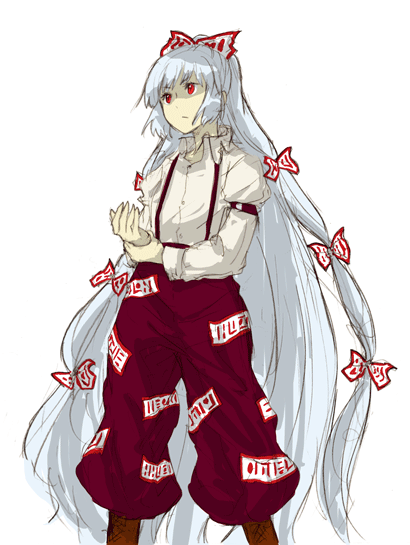 shikai (iesiki 56), fujiwara no mokou, touhou, silver hair, 1girl, boots, bow, female focus, hair bow, holding own wrist, long hair, long sleeves, looking up, multiple hair bows, pants, red eyes, shikai, shirt, solo, suspenders, very long hair, white shirt