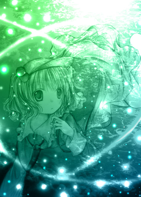 kasuga sunao, kawashiro nitori, touhou, 1girl, backpack, bag, blush, collar, dress, female focus, flat cap, green theme, hat, long sleeves, monochrome, short hair, solo, sparkle, tareme, two side up, upper body
