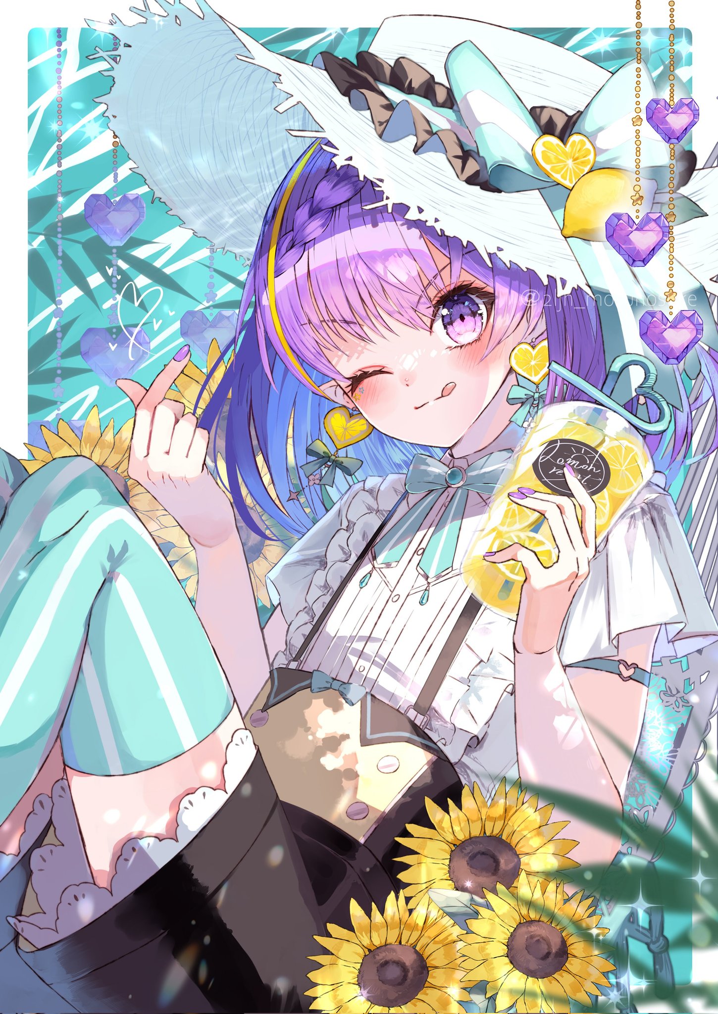 elritta, original, highres, 1girl, animal ears, aqua bow, black shorts, blonde hair, blue thighhighs, blush, bow, breasts, cup, drinking glass, drinking straw, flower, hair between eyes, hat, holding, holding cup, lemonade, looking at viewer, medium hair, multicolored hair, one eye closed, purple eyes, purple hair, shirt, short sleeves, shorts, smile, solo, streaked hair, striped clothes, striped thighhighs, sun hat, sunflower, suspenders, thighhighs, tongue, tongue out, white shirt