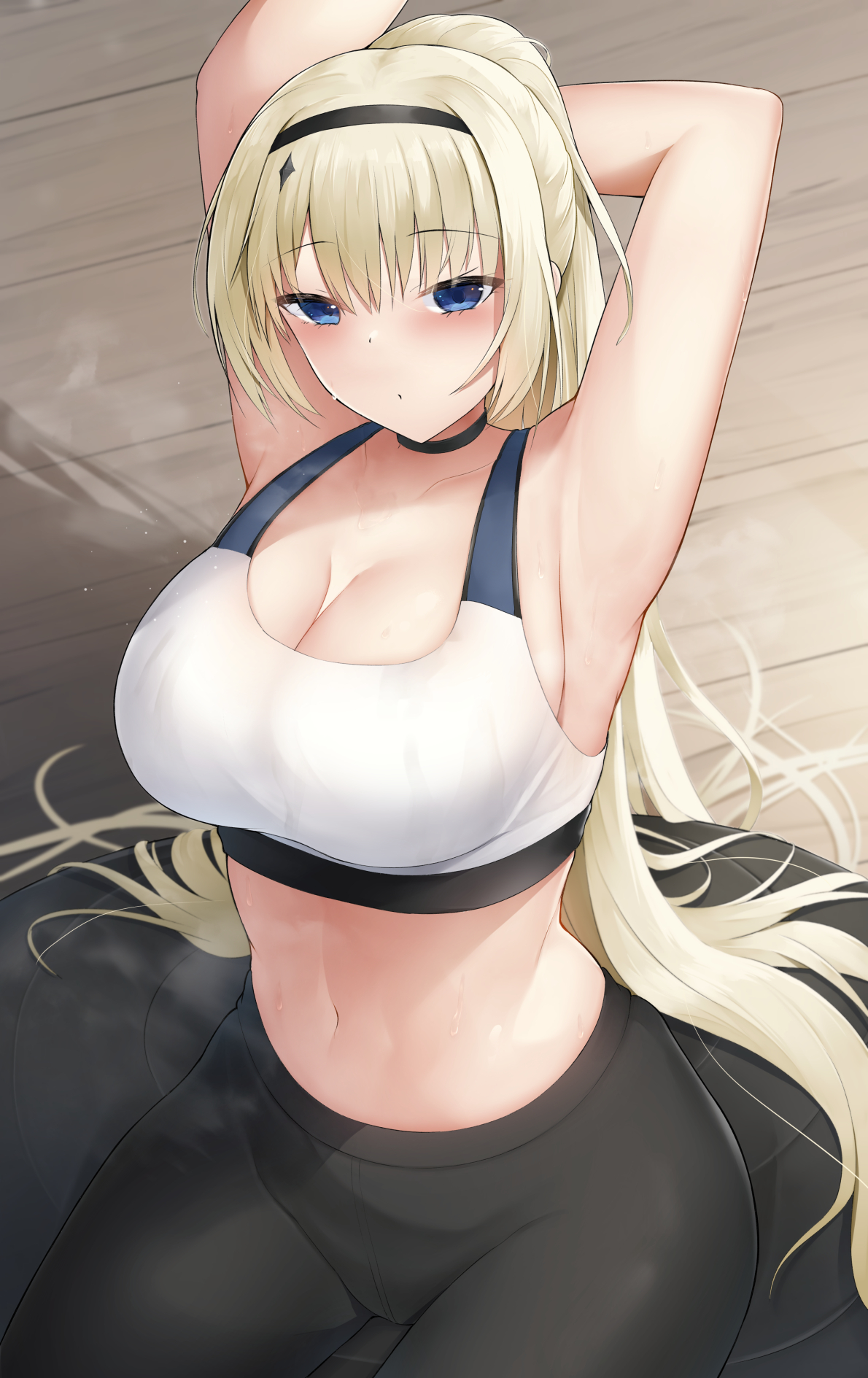 nori aji, painleve (azur lane), painleve (team stretching) (azur lane), azur lane, commentary request, highres, 1girl, arms up, ball, black pants, blonde hair, blue eyes, breasts, exercise ball, from above, indoors, large breasts, long hair, looking at viewer, midriff, navel, official alternate costume, pants, ponytail, solo, sports bra, tight clothes, tight pants, very long hair, white sports bra, yoga pants