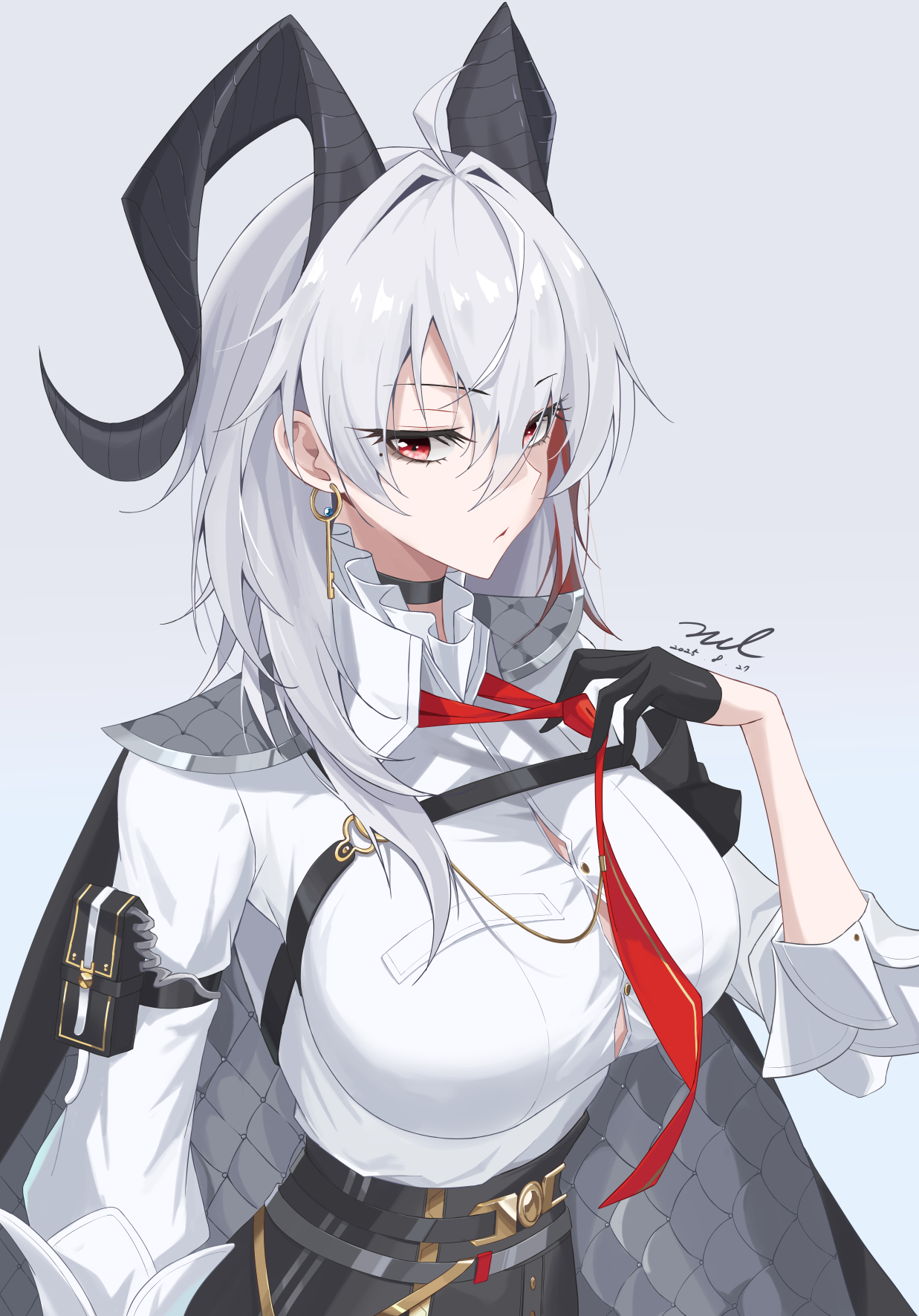 unel, zani (wuthering waves), wuthering waves, commentary, highres, 1girl, adjusting clothes, adjusting necktie, ahoge, arm pouch, black gloves, black horns, black jacket, black pants, breasts, button gap, chest harness, closed mouth, collared shirt, curled horns, earrings, gloves, grey background, grey hair, harness, horns, jacket, jacket on shoulders, jewelry, key earrings, large breasts, long hair, looking at viewer, mole, mole under eye, multicolored hair, necktie, pants, red eyes, red necktie, shirt, shirt tucked in, signature, simple background, solo, streaked hair, white shirt