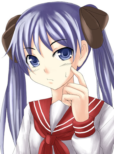 chiko (kanhogo), hiiragi kagami, lucky star, 00s, 1girl, blue eyes, female focus, hair ribbon, long hair, long sleeves, looking at viewer, neckerchief, pink hair, red ribbon, ribbon, scratching cheek, solo, sweatdrop, upper body, very long hair