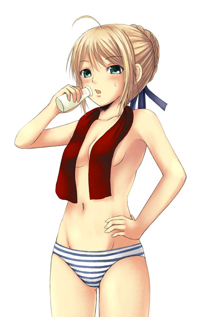 chiko (kanhogo), artoria pendragon (fate), saber (fate), fate/stay night, fate (series), 00s, 1girl, ahoge, blonde hair, blush, bottle, breasts, drink, drinking, female focus, green eyes, groin, hair ribbon, hand on own hip, milk, navel, panties, ribbon, short hair, simple background, solo, standing, striped clothes, striped panties, sweat, topless female, towel, underwear, white background
