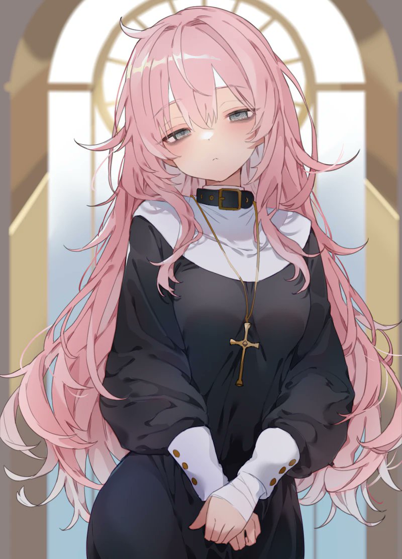 re re merry, original, commission, 1girl, black choker, black dress, blush, breasts, choker, closed mouth, cross, cross necklace, dress, grey eyes, jewelry, latin cross, long hair, long sleeves, looking at viewer, medium breasts, necklace, nun, pink hair, solo, window