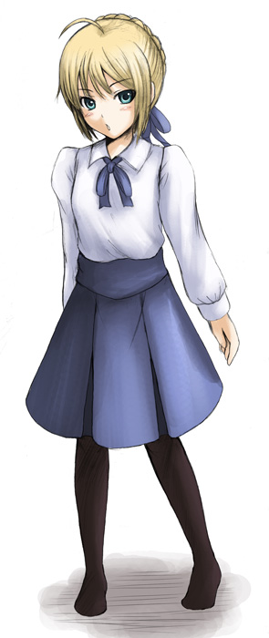 chiko (kanhogo), artoria pendragon (fate), saber (fate), fate/stay night, fate (series), 00s, black pantyhose, blouse, pantyhose, shirt, solo