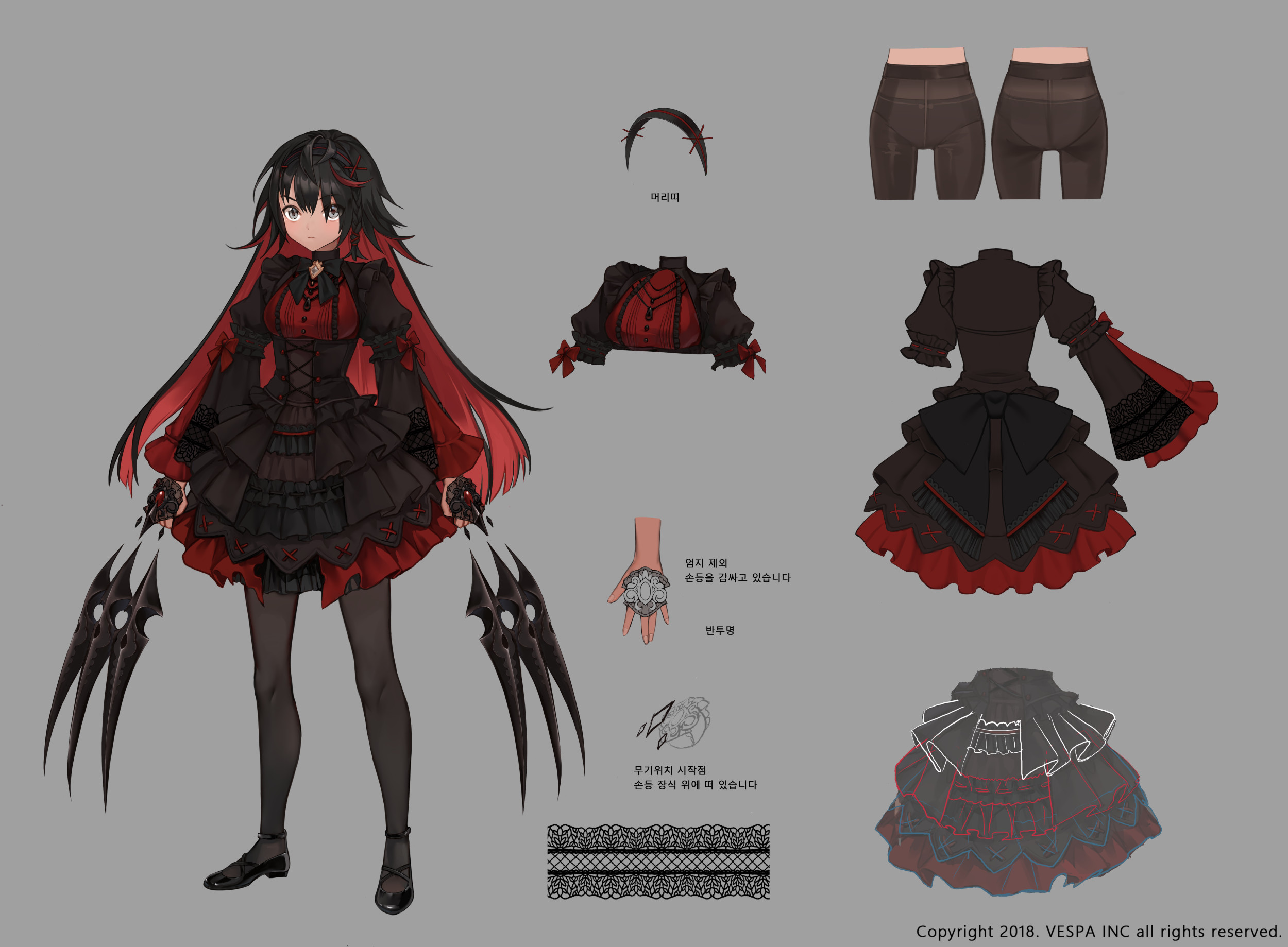 ezu (leejiyu), nia (king's raid), king's raid, commentary, concept art, english commentary, highres, official art, 1girl, back ribbon, black claws, black corset, black dress, black hair, black headdress, black panties, black pantyhose, black ribbon, black shoes, braid, breasts, claws, colored inner hair, corset, dress, dress ribbon, frilled dress, frills, full body, gothic lolita, grey eyes, juliet sleeves, lace, layered dress, layered sleeves, lolita fashion, long sleeves, medium breasts, multicolored dress, multicolored hair, multiple weapons, official alternate costume, panties, pantyhose, puffy sleeves, red dress, red hair, red ribbon, red sleeves, red streaks, reference sheet, ribbon, shoes, single braid, solo, torn clothes, torn dress, underwear, wide sleeves
