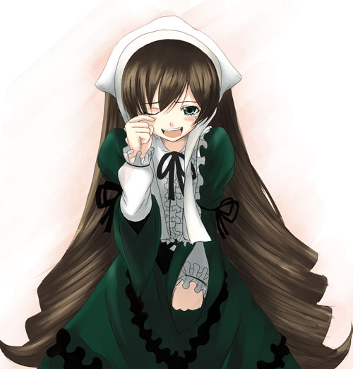 chiko (kanhogo), suiseiseki, rozen maiden, 00s, 1girl, :d, black ribbon, blush, bonnet, brown hair, center frills, collar, crying, dress, female focus, frilled collar, frills, green dress, green eyes, headscarf, lolita fashion, long hair, long sleeves, looking at viewer, neck ribbon, one eye closed, open mouth, ribbon, rubbing eyes, simple background, smile, solo, tears, very long hair, white headscarf, wiping tears