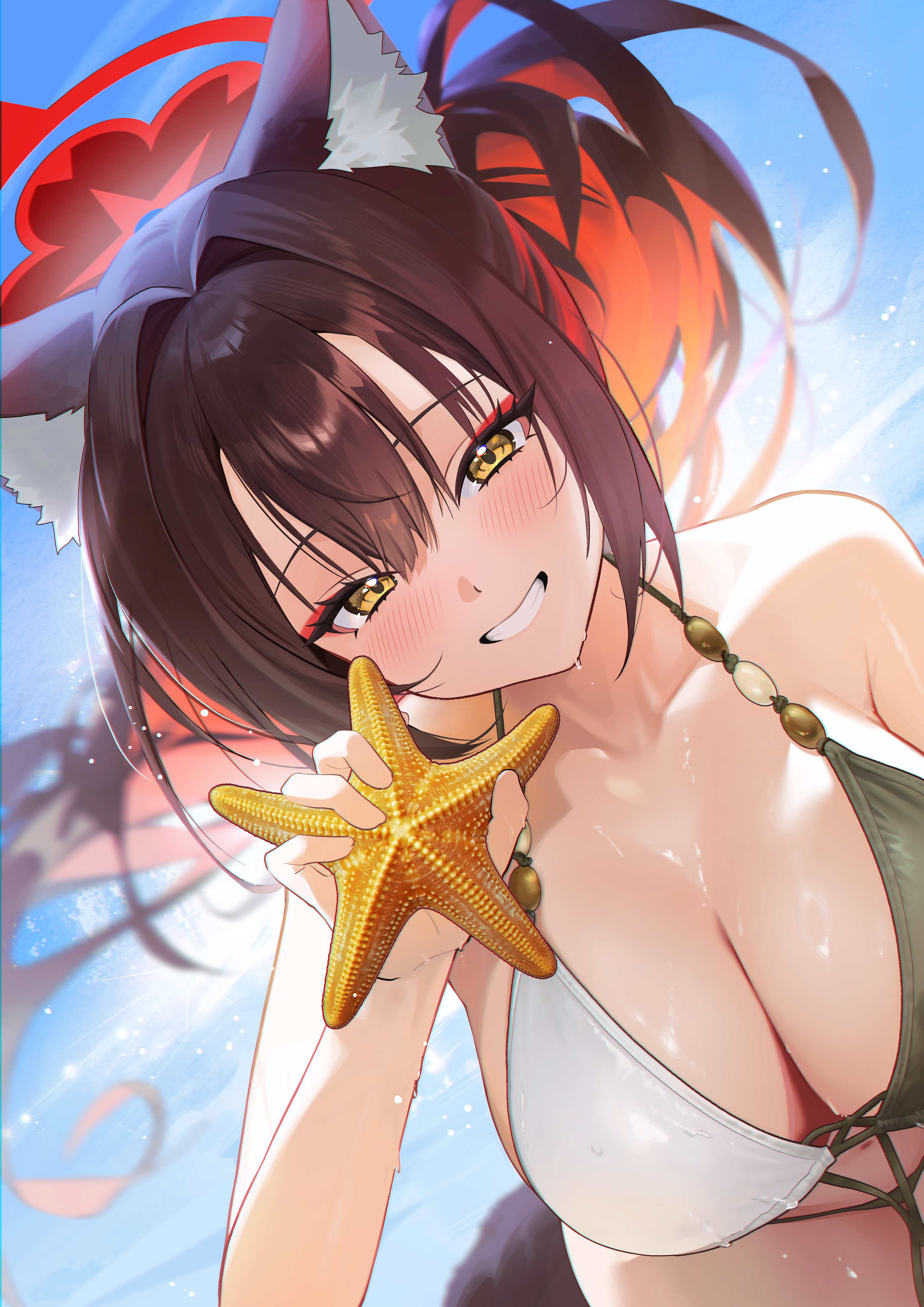 daehoak, wakamo (blue archive), blue archive, absurdres, commentary, highres, symbol-only commentary, 1girl, alternate costume, alternate hairstyle, animal ear fluff, animal ears, bikini, black bikini, blush, breasts, brown hair, cleavage, fox ears, fox girl, halo, large breasts, light particles, long hair, looking at viewer, red hair, red halo, smile, solo, starfish, swimsuit, white bikini, yellow eyes