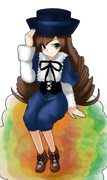 chiko (kanhogo), souseiseki, suiseiseki, rozen maiden, 1girl, brown hair, cosplay, female focus, green eyes, hat, heterochromia, long hair, red eyes, solo, souseiseki (cosplay)