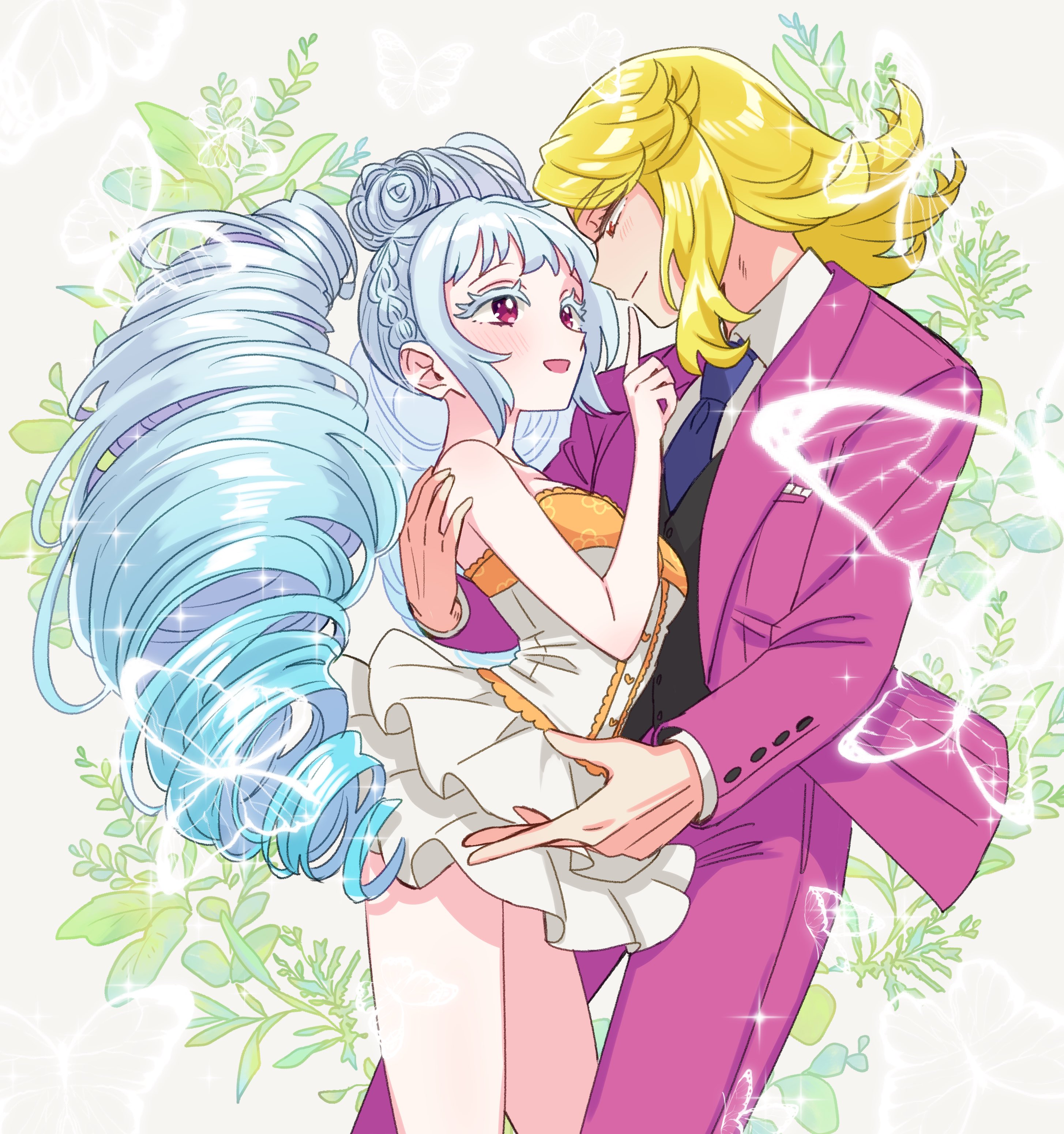 sukoyaka (100hituzi), amou june, pretty rhythm, pretty rhythm rainbow live, pretty series, absurdres, commentary request, highres, 1boy, 1girl, bare shoulders, blonde hair, blue hair, blue necktie, collared shirt, couple, dress, drill hair, eye contact, feet out of frame, finger to another's mouth, floral background, formal clothes, hand up, hetero, himuro hijiri, index finger raised, jacket, long hair, long sleeves, looking at another, necktie, open mouth, pants, profile, purple jacket, purple pants, purple suit, shirt, short dress, smile, standing, suit, twin drills, twintails, very long hair, white dress, white shirt
