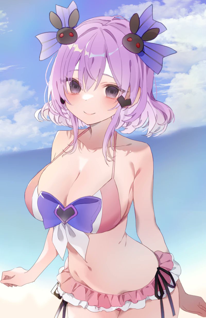 re re merry, original, commission, highres, 1girl, bare shoulders, bikini, blue sky, blush, bow, breasts, cleavage, closed mouth, collarbone, hair ornament, large breasts, looking at viewer, navel, ocean, outdoors, pink bikini, purple bow, purple eyes, purple hair, sky, smile, solo, stomach, swimsuit, water
