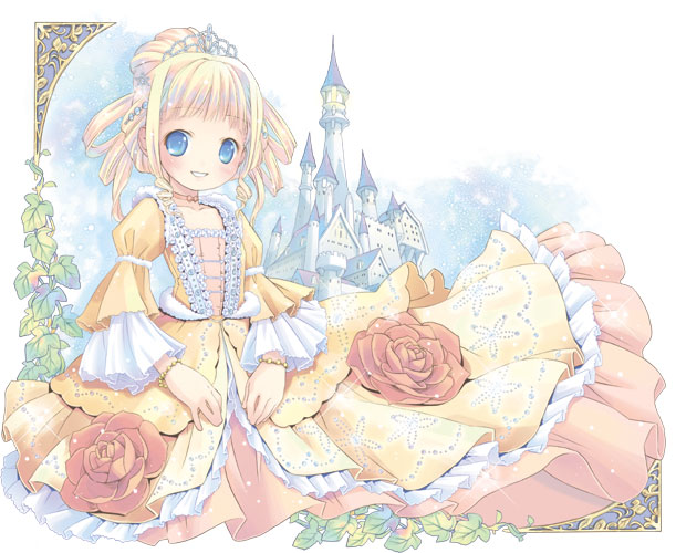 pop, cinderella (character), cinderella (fairy tale character), cinderella (fairy tale), blonde hair, blue eyes, castle, dress, flower, rose, solo
