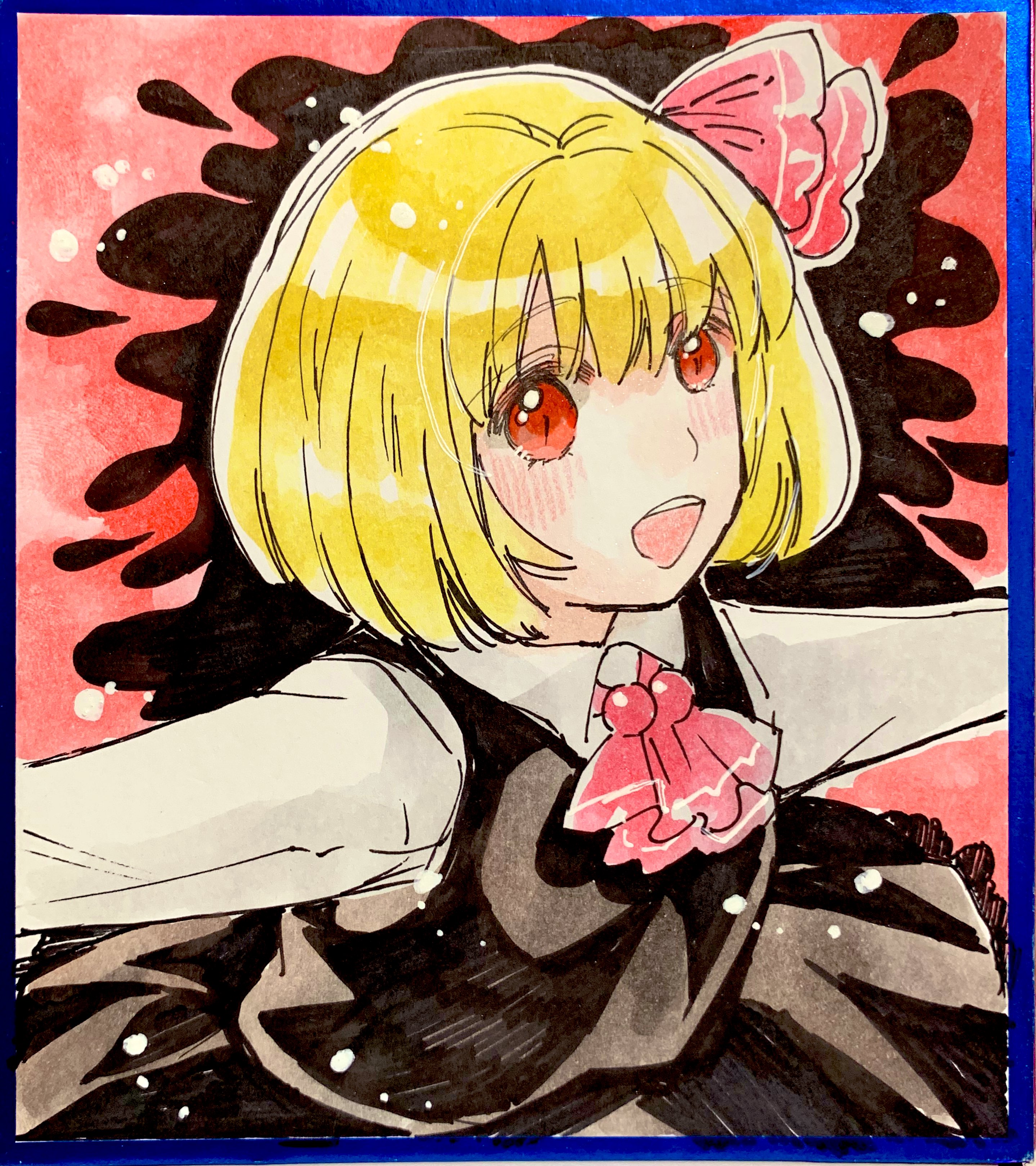 akaioringo2023, rumia, touhou, absurdres, highres, 1girl, ascot, black skirt, black vest, blonde hair, collared shirt, long sleeves, looking at viewer, open mouth, red ascot, red eyes, shirt, short hair, skirt, solo, vest