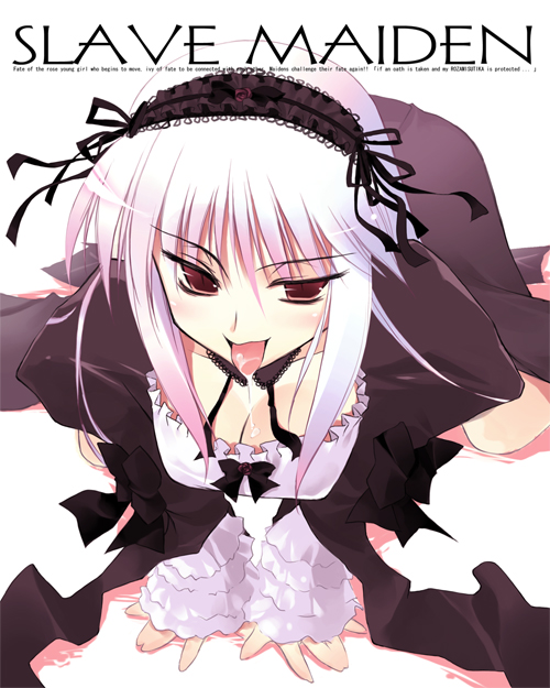 oba kagerou, ooba kagerou, illyasviel von einzbern, suigintou, rozen maiden, 00s, 1girl, :p, black dress, black ribbon, breasts, choker, cleavage, collarbone, dress, female focus, frilled sleeves, frills, from above, hairband, leaning forward, lolita hairband, long hair, long sleeves, red eyes, ribbon, sidelocks, simple background, solo, tongue, tongue out, white background