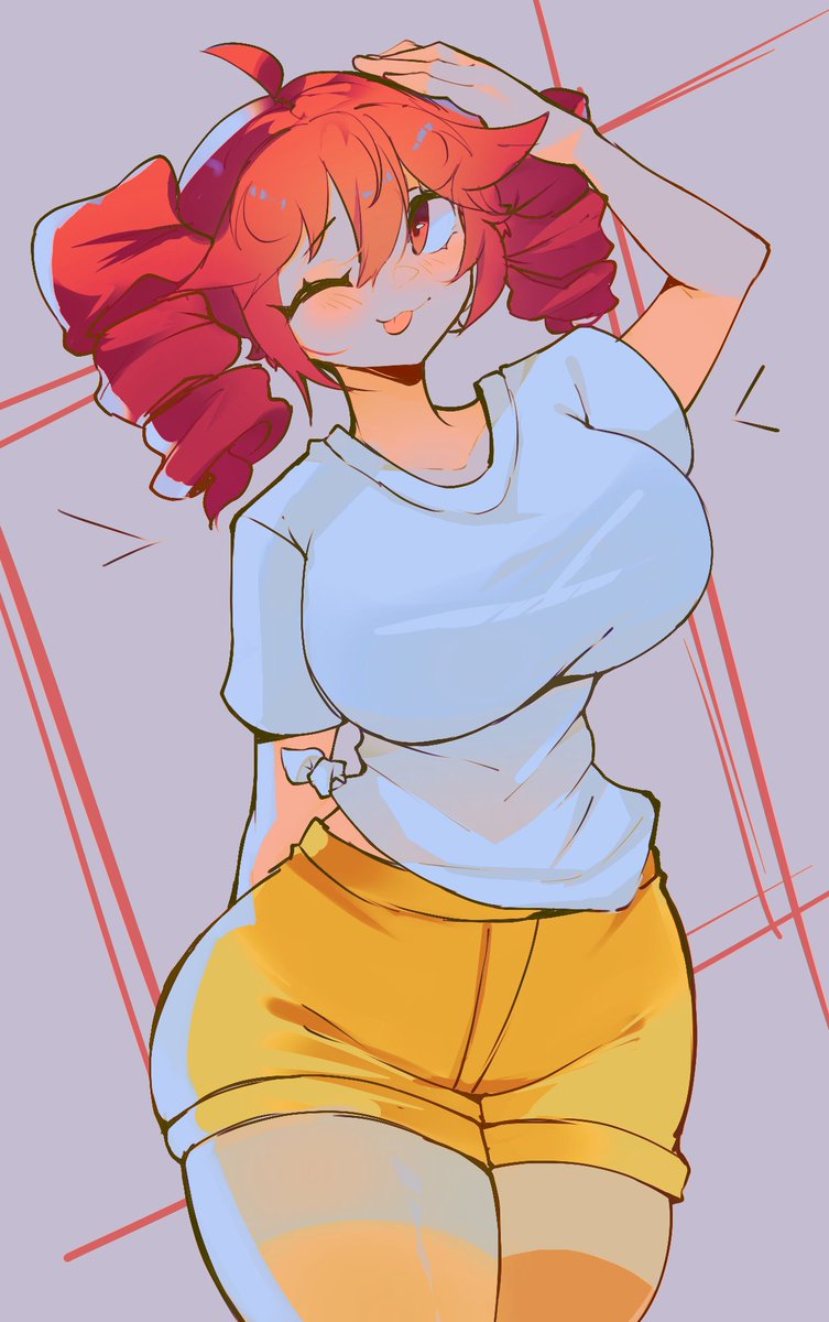 hoshoidk, kasane teto, kasane teto (sv), birdbrain (synthesizer v), synthesizer v, utau, highres, 1girl, ;p, ahoge, alternate breast size (larger), blush stickers, breasts, cowboy shot, day, drill hair, floating hair, grass, hair ribbon, large breasts, looking at viewer, one eye closed, open mouth, pantyhose, red eyes, red hair, ribbon, shirt, short sleeves, shorts, sky, solo, striped clothes, striped pantyhose, thighs, tied shirt, tight clothes, tight shirt, tongue, tongue out, twin drills, white shirt, yellow pantyhose, yellow shorts
