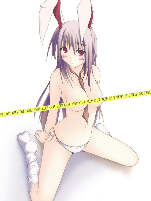 gisyo, reisen udongein inaba, touhou, 1girl, animal ears, caution tape, female focus, keep out, necktie, rabbit ears, solo, topless female