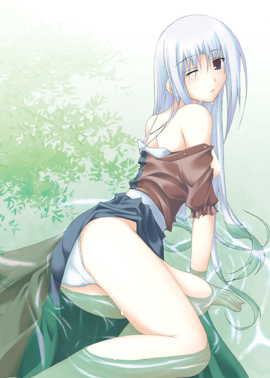 gisyo, yagokoro eirin, touhou, 1girl, back, bare shoulders, breasts, female focus, long hair, looking back, nipples, off shoulder, one eye closed, panties, partially submerged, sitting, solo, underwear, very long hair, water, wet, wet clothes, wink
