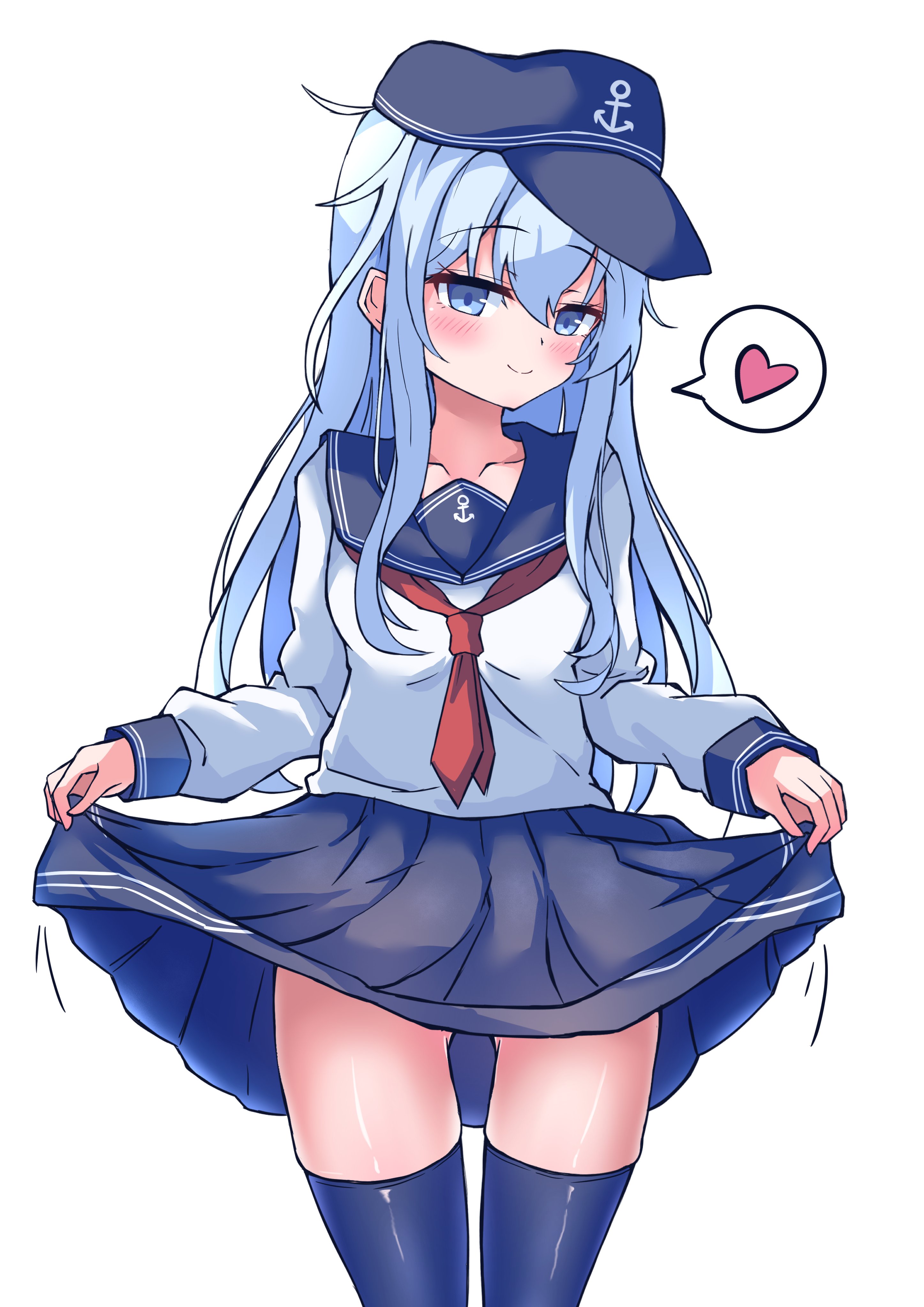 otama (otama ladle23), hibiki (kancolle), kantai collection, absurdres, highres, 1girl, black hat, black sailor collar, black skirt, black thighhighs, blue eyes, blue hair, cowboy shot, flat cap, hat, heart, long hair, long sleeves, neckerchief, pleated skirt, red neckerchief, sailor collar, sailor shirt, shirt, simple background, skirt, skirt hold, smile, solo, spoken heart, thighhighs, white background, white shirt