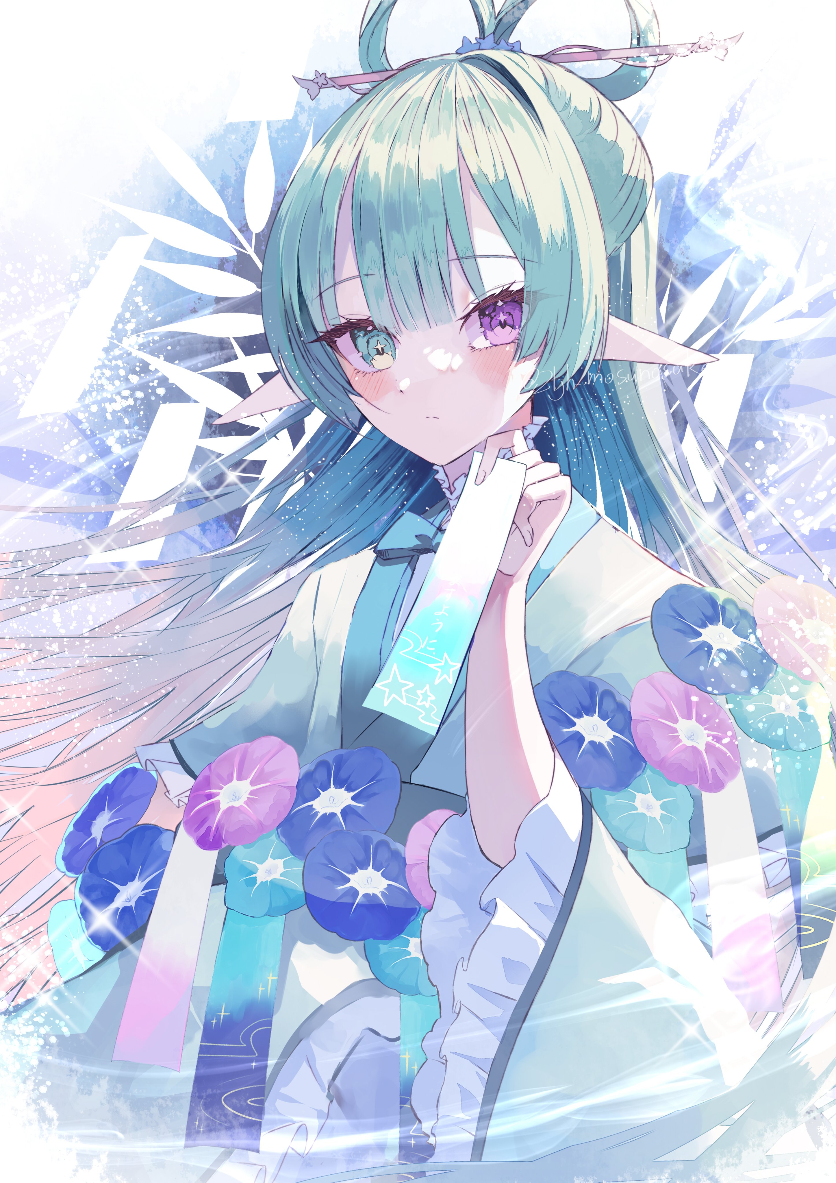 elritta, original, absurdres, highres, 1girl, aqua hair, breasts, flower, gradient hair, green eyes, grey hair, hair between eyes, hair ornament, hair rings, heterochromia, holding, holding tanzaku, japanese clothes, kimono, long sleeves, looking at viewer, multicolored hair, pink hair, pointy ears, purple eyes, solo, tanabata, tanzaku, upper body, wide sleeves