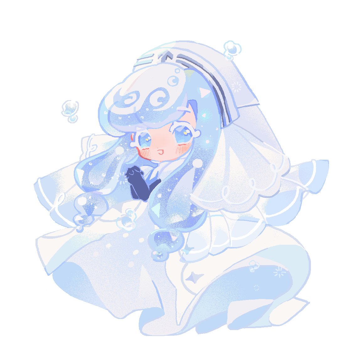 reed, cookie run, cookie run: kingdom, 1girl, black gloves, blue eyes, blue hair, blush, bubble, colored eyelashes, dress, floating clothes, full body, gloves, long dress, long hair, looking at viewer, nun, own hands together, seltzer cookie, smile, solo, sparkle, veil, white background, white dress, white eyelashes, white veil