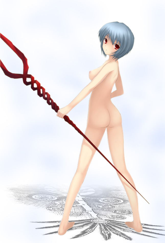 shima-shuu, ayanami rei, neon genesis evangelion, 1girl, ass, bident, completely nude, female focus, lance, lance of longinus (evangelion), nude, polearm, solo, spear, weapon