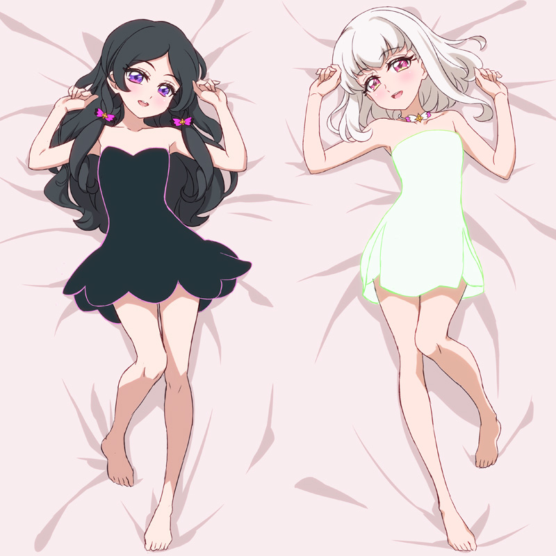 mini koala, meroron (precure), purirun (precure), kimi to idol precure, precure, 2girls, bare arms, bare legs, bare shoulders, bed, bed sheet, bedroom, black dress, black hair, blonde hair, blunt bangs, bob cut, braid, choker, collarbone, dress, green dress, hair ornament, hair ribbon, hair tie, hand up, long hair, low twin braids, lying, mature female, medium hair, meroron (civilian) (precure), multiple girls, neck, on back, on bed, parted bangs, pink eyes, purirun (civilian) (precure), purple eyes, ribbon, ribbon-trimmed choker, ribbon choker, short dress, tight clothes, tight dress, transformation, transforming clothes, twin braids, under covers