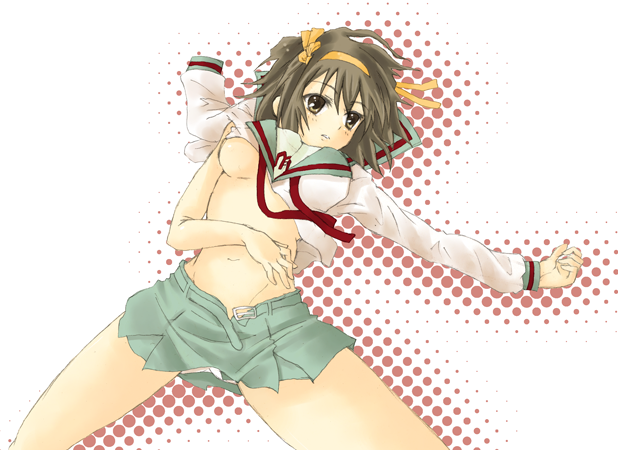 jhonwalker, suzumiya haruhi, suzumiya haruhi no yuuutsu, 00s, 1girl, belt, blush, breasts, brown eyes, brown hair, clothes lift, female focus, hair ribbon, hairband, hand on own stomach, long sleeves, midriff, miniskirt, navel, open clothes, open skirt, outstretched arm, polka dot, ribbon, school uniform, serafuku, shirt lift, short hair, skirt, solo, underboob, unzipped, upskirt