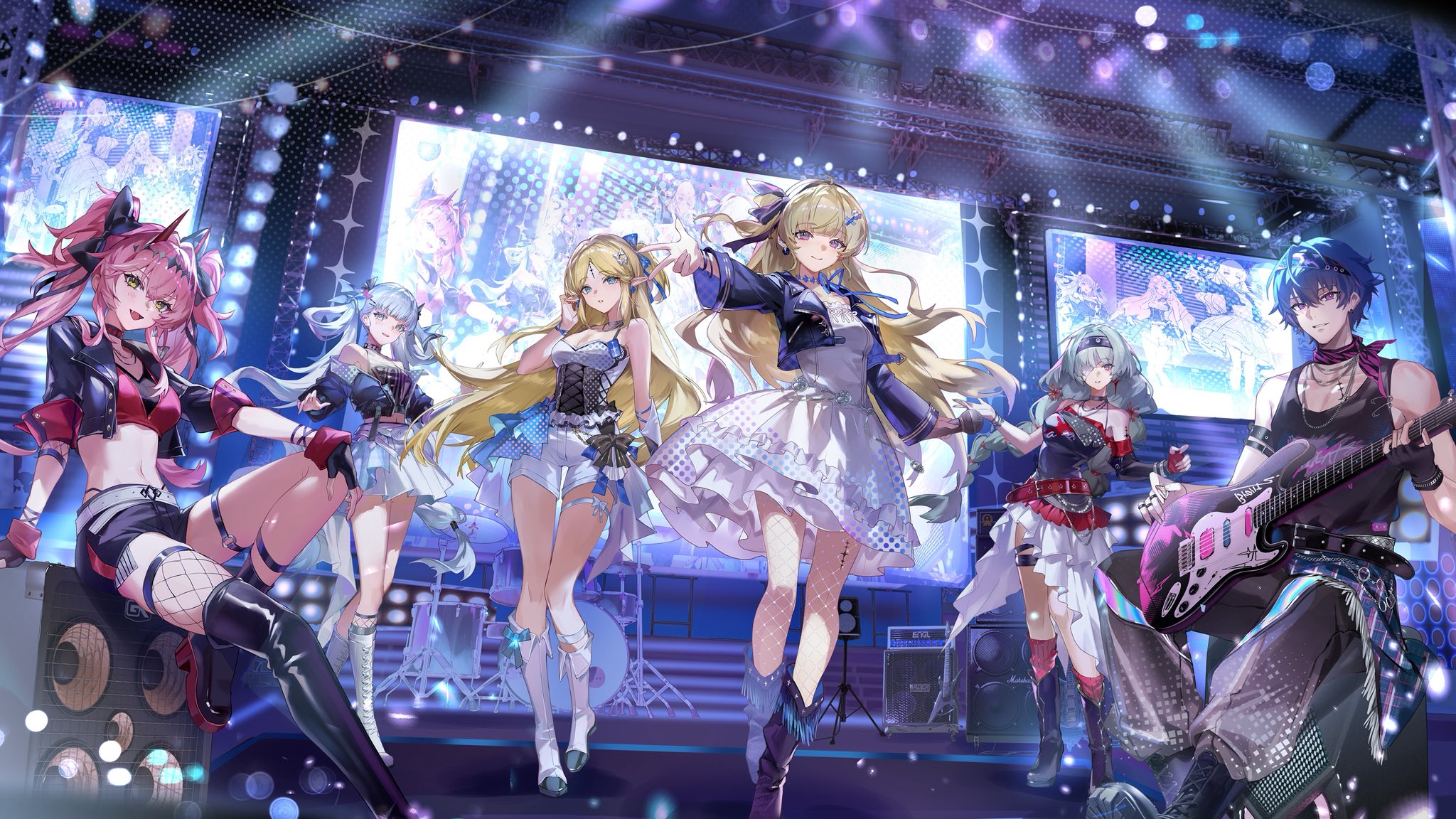 kuuus, brant (wuthering waves), cartethyia (wuthering waves), jinhsi (wuthering waves), lupa (wuthering waves), phoebe (wuthering waves), phrolova (wuthering waves), wuthering waves, chinese commentary, commentary request, highres, official art, 1boy, 5girls, asymmetrical legwear, bare shoulders, black boots, black bow, black choker, black gloves, black jacket, black shirt, blue bow, blue hair, boots, bow, braid, breasts, choker, cleavage, cropped jacket, dress, electric guitar, fender stratocaster, fingerless gloves, gloves, grey hair, guitar, hair between eyes, hair bow, hair rings, hand up, holding, holding instrument, holding microphone, holding plectrum, instrument, jacket, logo, long hair, looking at viewer, low twin braids, medium breasts, microphone, midriff, multiple girls, navel, o-ring, o-ring thigh strap, official alternate costume, open mouth, outstretched arms, parted bangs, pink hair, plectrum, pointy ears, purple eyes, shirt, short hair, shorts, single thigh boot, sitting, skirt, smile, stomach, tacet mark (wuthering waves), thigh boots, thigh strap, thighs, toned, toned male, twin braids, twintails, uneven legwear, white boots, white dress, white hair, white shorts, white skirt, yellow eyes