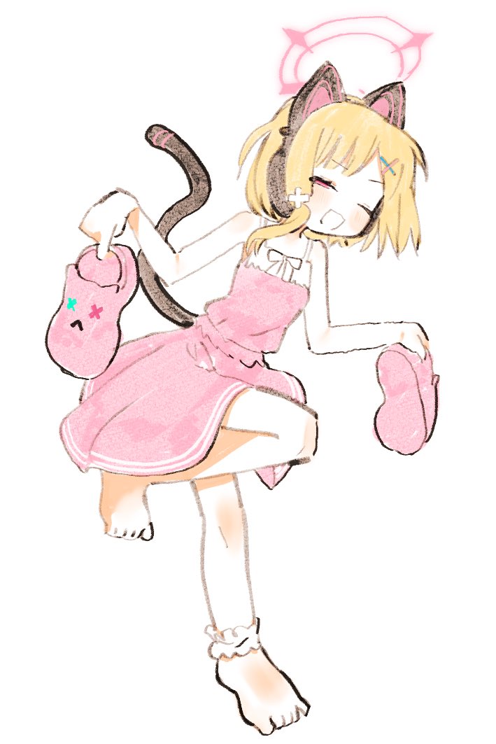 shinbashi seiji, momoi (blue archive), blue archive, 1girl, alternate costume, animal ear headphones, animal ears, bare arms, bare shoulders, barefoot, blonde hair, blush, bow, cat ear headphones, cat tail, closed eyes, dress, fake animal ears, fake tail, feet, frilled dress, frills, full body, hair bow, hair ornament, halo, headphones, holding, holding shoes, holding unworn clothes, leg up, open mouth, pink dress, pink halo, pink shoes, shoes, short hair, simple background, sleeveless, sleeveless dress, smile, solo, spaghetti strap, standing, standing on one leg, tail, toes, unworn shoes, white background, white bow, x hair ornament