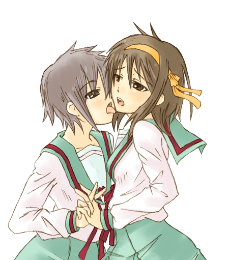 jhonwalker, nagato yuki, suzumiya haruhi, suzumiya haruhi no yuuutsu, 00s, 2girls, licking, multiple girls, school uniform, serafuku, tongue, yuri