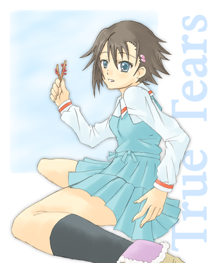 jhonwalker, isurugi noe, true tears, 00s, 1girl, boots, brown hair, female focus, flower, green eyes, hair ornament, holding, holding flower, school uniform, serafuku, short hair, solo