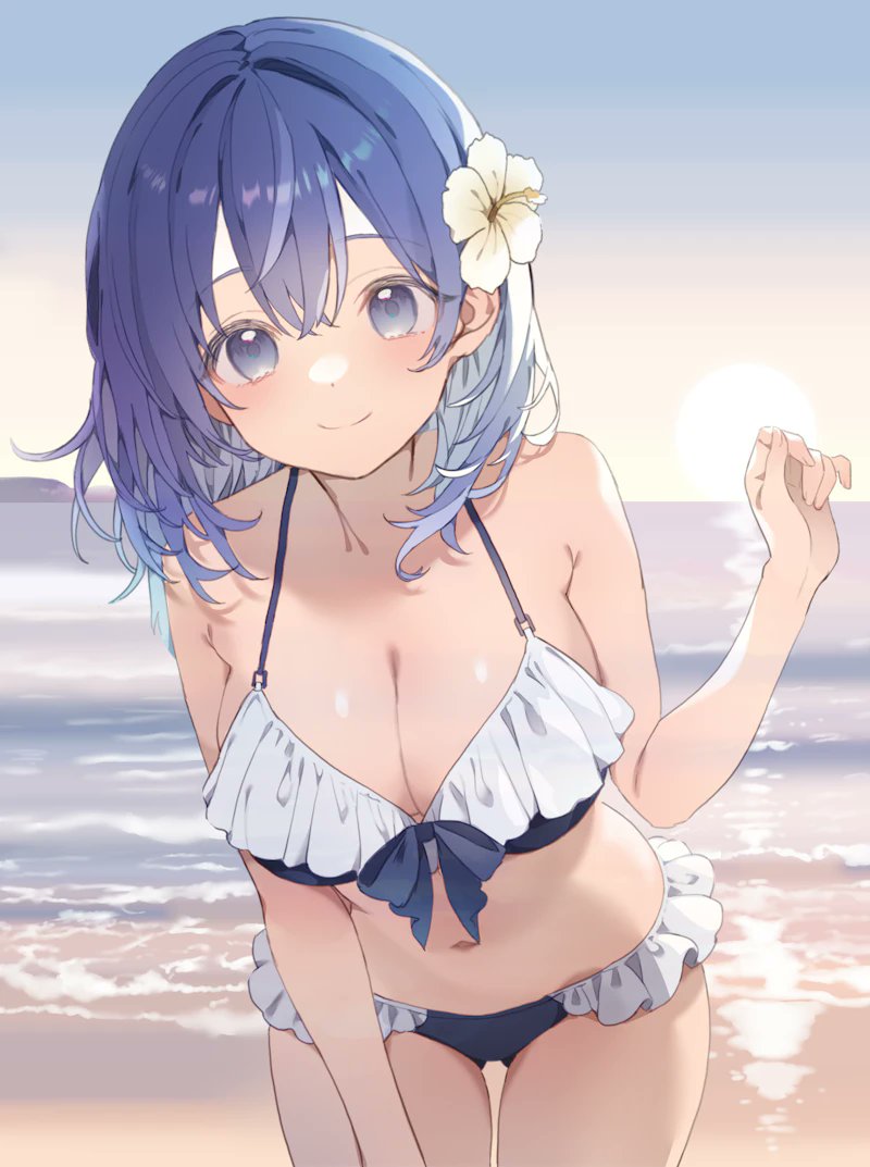 re re merry, original, commission, 1girl, bare shoulders, beach, bikini, blue bikini, blue eyes, blue hair, blush, breasts, cleavage, closed mouth, flower, frills, hair flower, hair ornament, large breasts, looking at viewer, medium hair, navel, ocean, outdoors, sky, smile, solo, stomach, sunset, swimsuit, water, white bikini