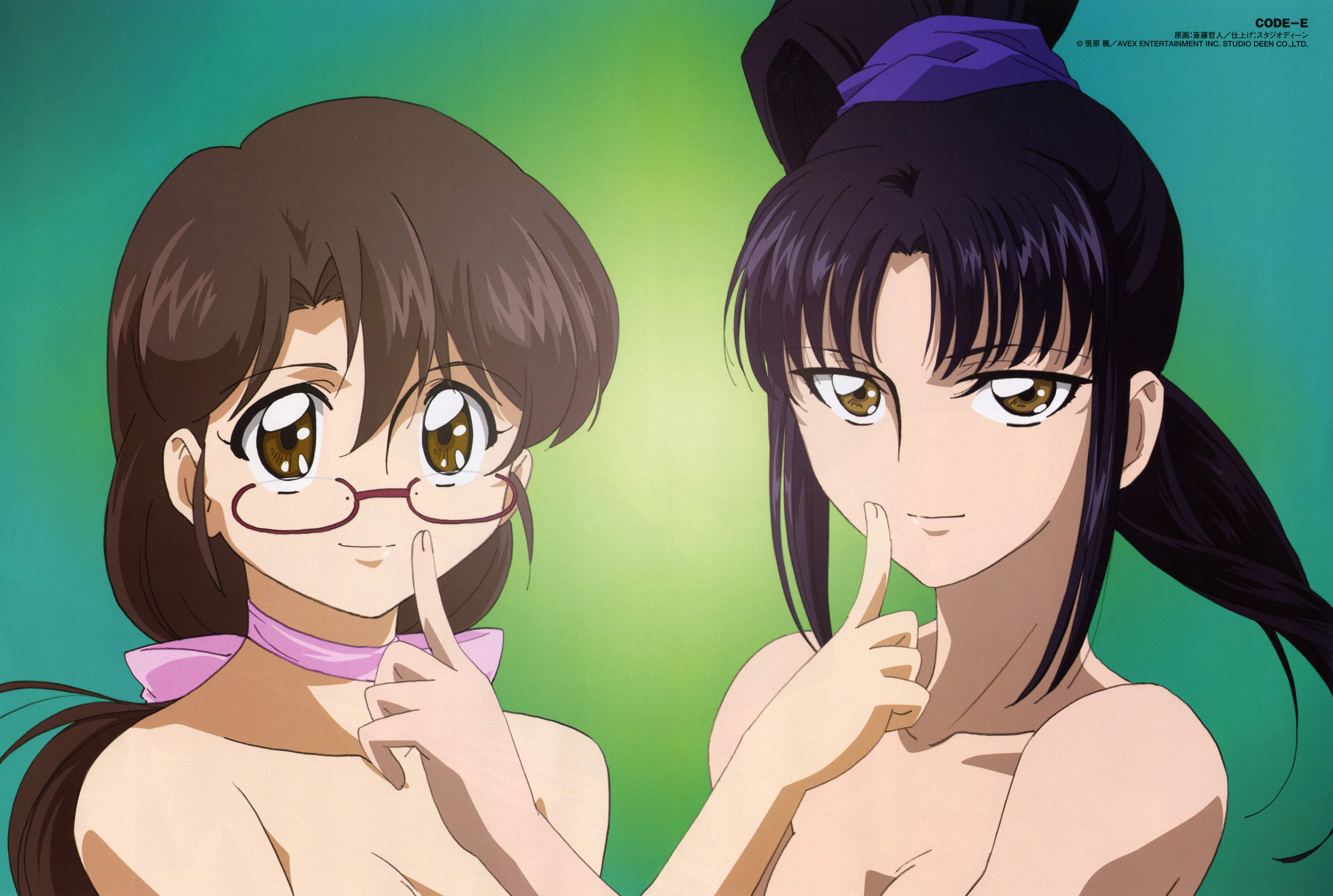 saitou tetsuhito, ebihara chinami, saihashi yuma, code-e, kerchief, absurdres, highres, non-web source, official art, 00s, 2girls, black hair, breasts, brown eyes, brown hair, cleavage, finger to mouth, glasses, index finger raised, looking at viewer, medium breasts, multiple girls, out-of-frame censoring, ponytail, red-framed eyewear, shushing, sidelocks, topless female, upper body