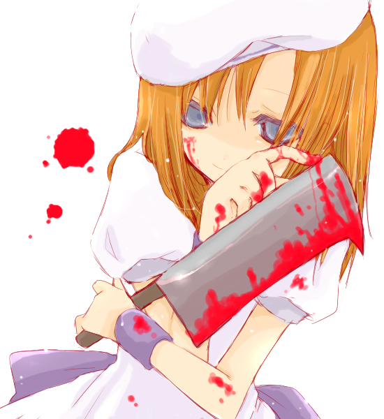 kagoya (hm ld50), ryuuguu rena, higurashi no naku koro ni, 00s, 1girl, billhook, blood, crazy eyes, female focus, hashitsuki nata, hatchet, nata (tool), solo