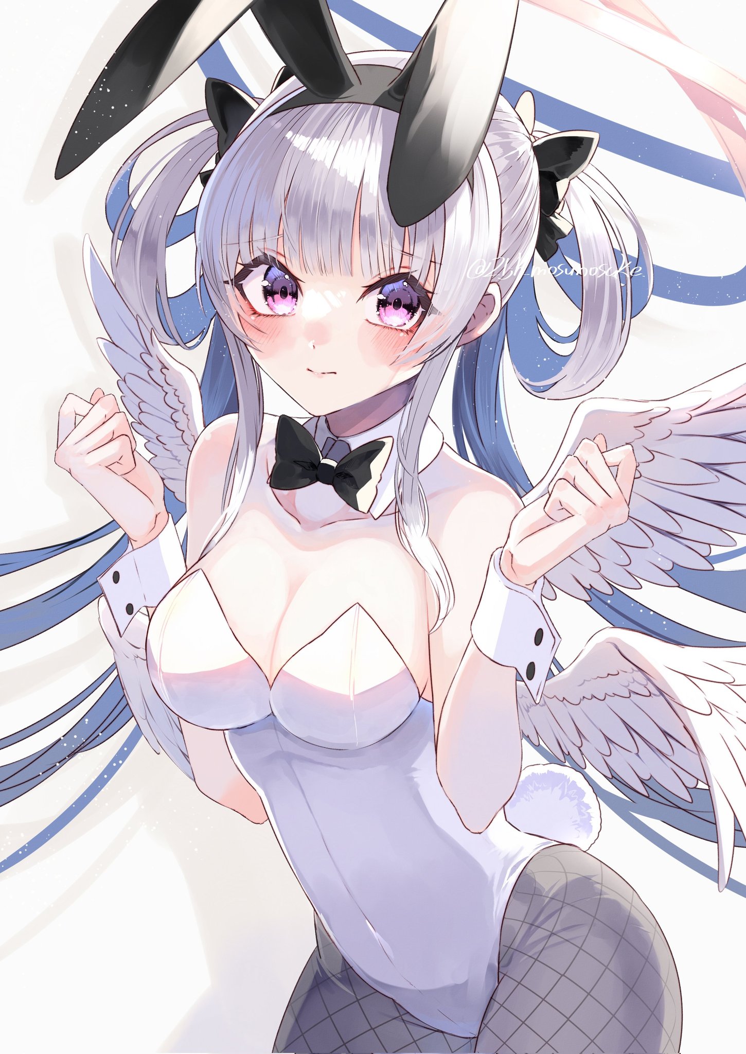 elritta, original, highres, 1girl, angel wings, animal ears, bare shoulders, black bow, black bowtie, black hairband, blush, bow, bowtie, breasts, bunny day, cleavage, closed mouth, detached collar, fake animal ears, fake tail, grey pantyhose, hair between eyes, hair rings, hairband, leotard, long hair, looking at viewer, medium breasts, pantyhose, playboy bunny, purple eyes, rabbit ears, rabbit tail, smile, solo, tail, white hair, white leotard, wings, wrist cuffs