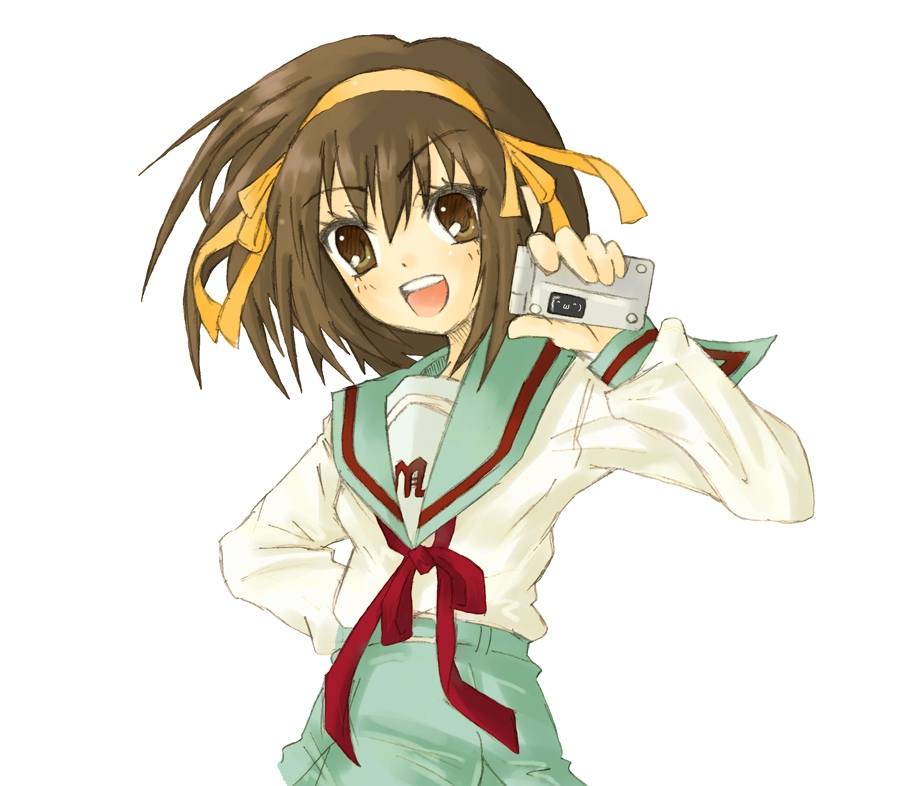 jhonwalker, suzumiya haruhi, suzumiya haruhi no yuuutsu, 00s, 1girl, blue skirt, brown eyes, brown hair, female focus, hair ribbon, hairband, long sleeves, looking at viewer, ribbon, sailor collar, school uniform, serafuku, shirt, short hair, simple background, skirt, solo, upper body, white background, white shirt