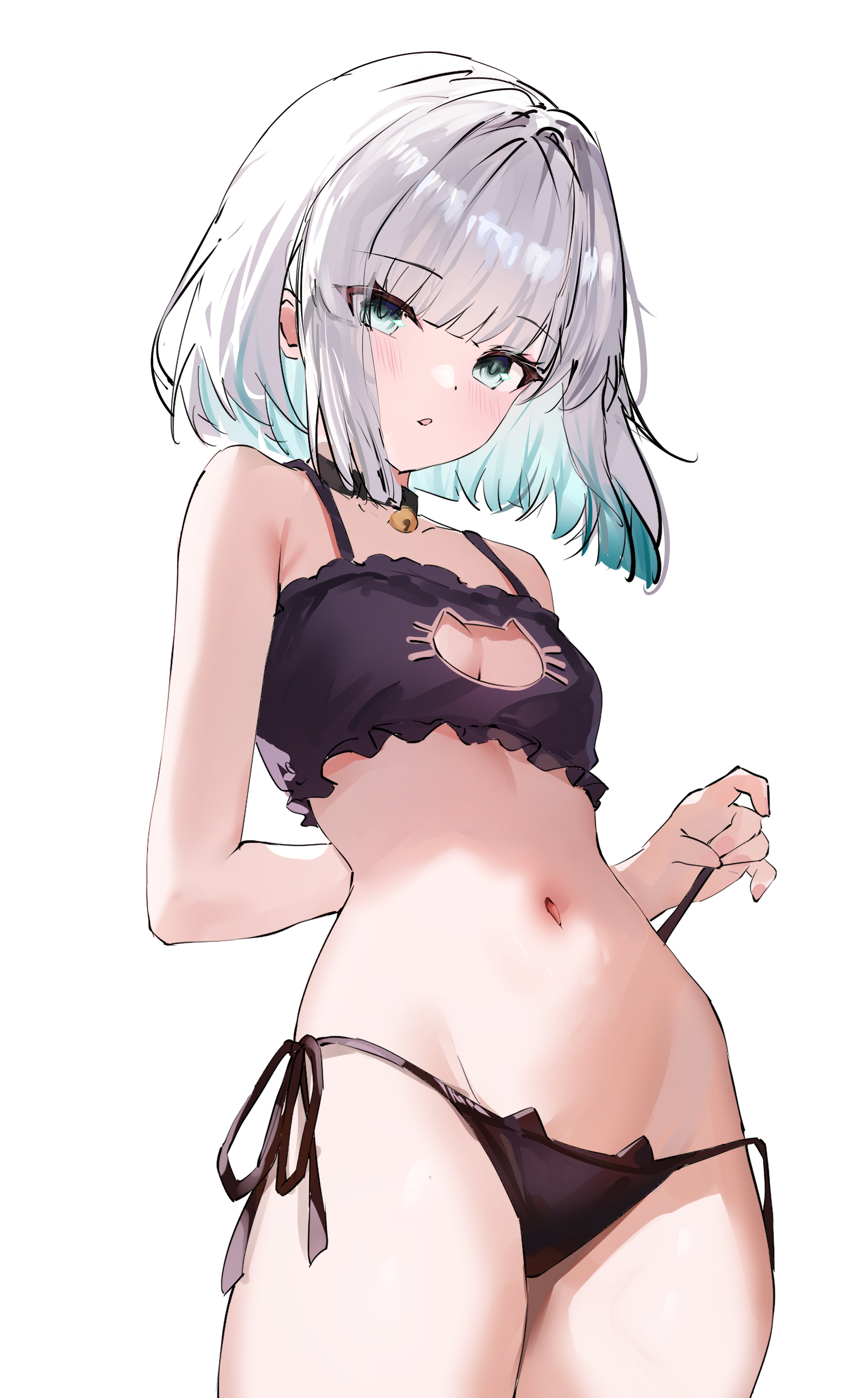 usagi (786113654), original, absurdres, highres, 1girl, aqua eyes, aqua hair, arm behind back, bare shoulders, bell, black bra, black panties, blunt bangs, blush, bra, breasts, cat cutout, cat ear panties, cat lingerie, choker, cleavage, cleavage cutout, clothing cutout, collar, colored inner hair, cowboy shot, frilled bra, frills, groin, jingle bell, looking at viewer, multicolored hair, navel, neck bell, panties, parted lips, short hair, side-tie panties, simple background, small breasts, solo, stomach, underwear, underwear only, white background, white hair