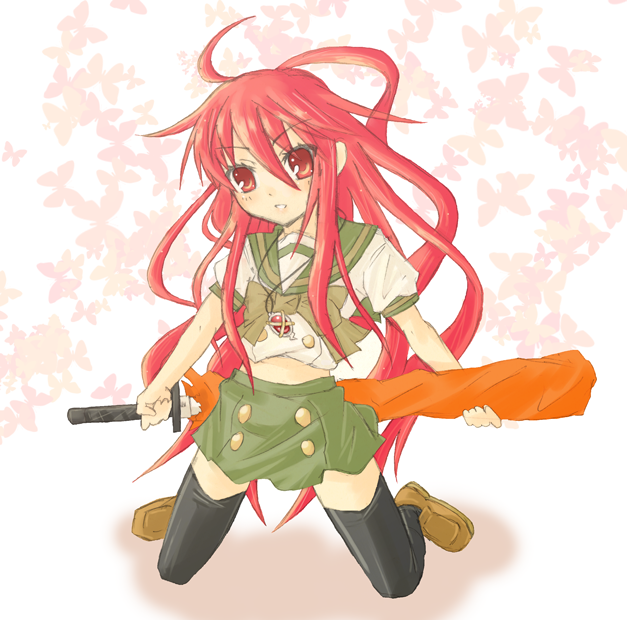 jhonwalker, alastor (shakugan no shana), shana, shakugan no shana, 00s, 1girl, female focus, jewelry, pendant, red eyes, red hair, school uniform, serafuku, solo, thighhighs