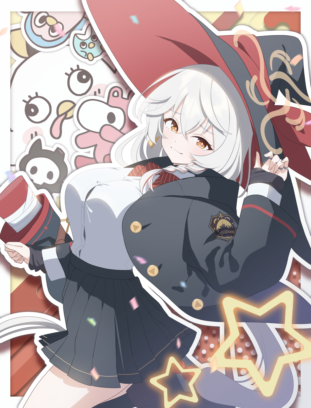 kaerunrun, eri (blue archive), peroro (blue archive), blue archive, commentary, highres, 1girl, alternate breast size (larger), arm at side, black hat, black jacket, black skirt, blush, border, bow, bowtie, breasts, buttons, diagonal-striped bow, diagonal-striped bowtie, diagonal-striped clothes, drop shadow, hat, jacket, large breasts, long hair, long sleeves, looking at viewer, outline, pleated skirt, red bow, red bowtie, red hair, school uniform, skirt, smile, solo, star (symbol), striped bow, striped bowtie, striped clothes, tented shirt, two-tone hat, very long hair, white border, white hair, witch hat, yellow eyes