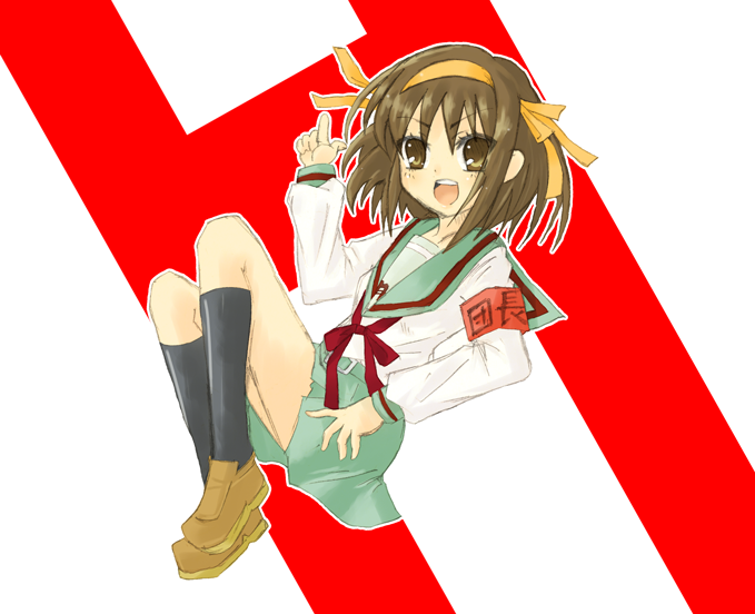 jhonwalker, suzumiya haruhi, suzumiya haruhi no yuuutsu, 00s, 1girl, armband, black socks, brown eyes, brown hair, brown shoes, female focus, h (letter), hair ribbon, hairband, index finger raised, long sleeves, ribbon, school uniform, serafuku, shoes, short hair, skirt, socks, solo